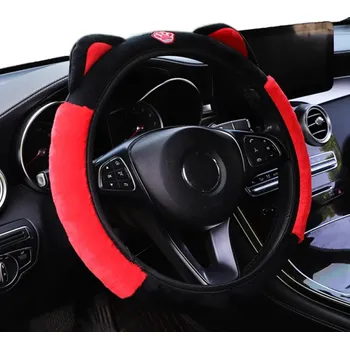 Autopotah Roztomilý plyšový potah na volant 30 cm Kreslené kotě bez vnitřního kroužku Teplý kryt volantu do auta Dekorace interiéru červená
