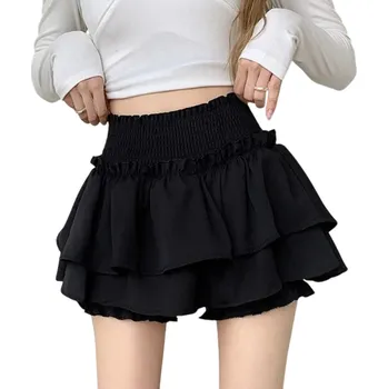 Dámská sukně Dámská mini sukně s vysokým elastickým pasem Stylová krátká sukně s volánky Letní sukně do města Volnočasová sukně pro ženy černá S