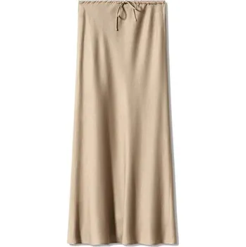 Dámská sukně Dlouhá saténová sukně s vysokým pasem Elegantní dámská sukně se šněrováním Lesklá sukně pro ženy Večerní a společenské nošení béžova M