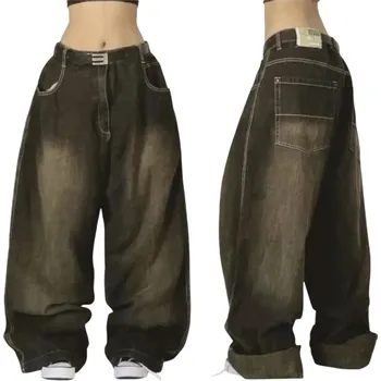 Dámské džíny Černé baggy džíny pro ženy se sepraným efektem Ležérní volné dámské kalhoty s dlouhými a širokými nohavicemi Módní džínovina M