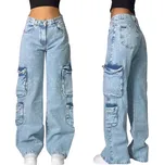 Světle modré baggy džíny pro ženy s bočními kapsami Ležérní široké kalhoty s dlouhými nohavicemi Volné dámské jeansy do města M