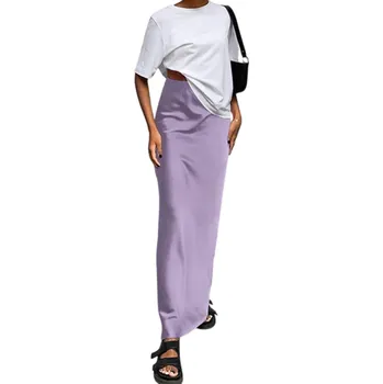 Dámské oblečení Elegantní dlouhá saténová sukně s vysokým pasem Lesklá sukně po kotníky pro ženy Módní maxi sukně na večer Společenská sukně fialová S