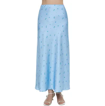 Dámská sukně Letní saténová dlouhá sukně pro ženy s květinovým vzorem Volná maxi sukně s vysokým pasem Elegantní květovaná sukně na léto modrá S