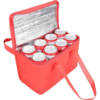 Skládací termo pikniková taška 17 x 14 x 28 cm Přenosná obědová taška Chladicí taška s izolační vrstvou Neutrální barvy Skladná taška na jídlo červená