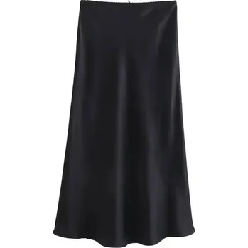 Dámská sukně Dámská letní saténová sukně s vysokým pasem Elegantní široká sukně s mašlí Lehký vzdušný materiál Ideální na léto a slavnosti černá XS