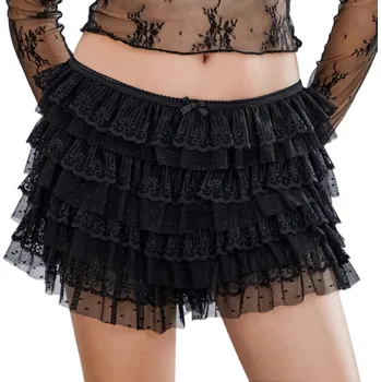 Dámské kraťasy Dámské vrstvené síťované krajkové kraťasy s volánky a mašlí Romantické šortky s průhlednými detaily Elegantní kraťasy pro letní outfity černá M