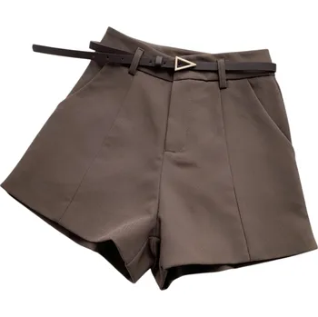 Dámské kraťasy Elegantní dámské kraťasy s vysokým pasem a páskem Áčkový střih letních šortek pro ženy Stylové kraťasy pro formální i volný čas hnědá L
