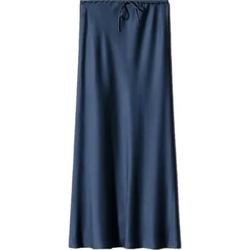 Dámská sukně Dlouhá saténová sukně s vysokým pasem Elegantní dámská sukně se šněrováním Lesklá sukně pro ženy Večerní a společenské nošení tmavě modrá L
