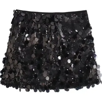 Dámská sukně Flitrovaná minisukně s vysokým pasem Třpytivá krátká sukně pro ženy na party Elegantní večerní oblečení Lesklá sukně s flitry do pasu černá L