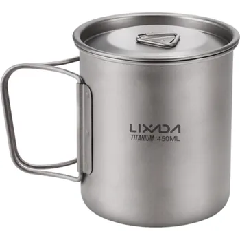Titanový hrnek na vodu 450 ml Ultralight s víkem a skládací rukojetí 8,5 x 9,8 cm Kempingový hrnek z titanu s vakem 84 g Outdoor nádobí