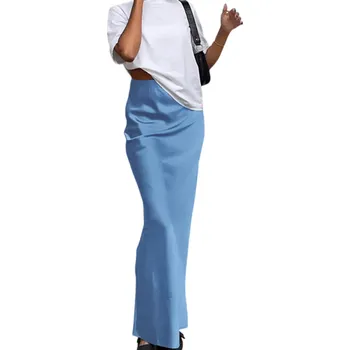 Dámská sukně Elegantní dlouhá saténová sukně s vysokým pasem Lesklá sukně po kotníky pro ženy Módní maxi sukně na večer Společenská sukně modrá L