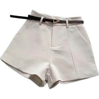 Dámské kraťasy Elegantní dámské kraťasy s vysokým pasem a páskem Áčkový střih letních šortek pro ženy Stylové kraťasy pro formální i volný čas béžova L