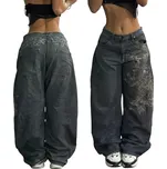 Šedé dámské baggy džíny s potiskem Nízký pas Ležérní kalhoty s dlouhými širokými nohavicemi Streetwear styl Volné vintage džíny M