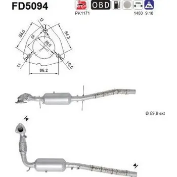Filtr pevných částic Filtr sazových částic, výfukový systém AS FD5094