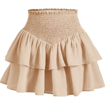 Dámské oblečení Dámská vrstvená áčková mini sukně s vysokým pasem Krátká elegantní sukně do pasu Volánová ležérní sukně pro každodenní i společenské nošení béžova M