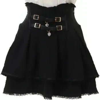 Dámská sukně Skládaná mini sukně v japonském stylu s krajkou a vázáním Slim fit áčková krátká sukně pro ženy Elegantní gotický harajuku look černá L