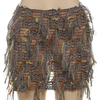 Dámské oblečení Krátká průhledná pletená sukně se střapci Sexy mini sukně pro ženy Tenká úzká sukně na pláž a večírky Letní průsvitná sukně hnědá L