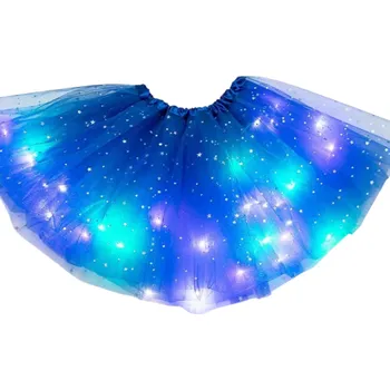 Dámská sukně Dámská LED svítící tylová sukně 40 cm Mini baletní sukně s hvězdným potiskem Vrstvená tutu sukně na baterie CR2032 Karnevalový doplněk tmavě modrá