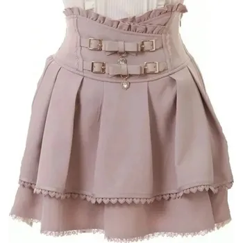 Dámská sukně Skládaná mini sukně v japonském stylu s krajkou a vázáním Slim fit áčková krátká sukně pro ženy Elegantní gotický harajuku look růžová L