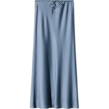 Dámská sukně Dlouhá saténová sukně s vysokým pasem Elegantní dámská sukně se šněrováním Lesklá sukně pro ženy Večerní a společenské nošení modrá L