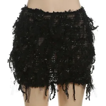 Dámská sukně Krátká průhledná pletená sukně se střapci Sexy mini sukně pro ženy Tenká úzká sukně na pláž a večírky Letní průsvitná sukně černá S