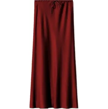 Dámská sukně Dlouhá saténová sukně s vysokým pasem Elegantní dámská sukně se šněrováním Lesklá sukně pro ženy Večerní a společenské nošení vínová M