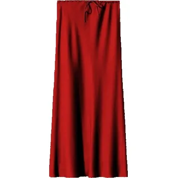 Dámská sukně Dlouhá saténová sukně s vysokým pasem Elegantní dámská sukně se šněrováním Lesklá sukně pro ženy Večerní a společenské nošení červená S