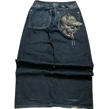 Dámské džíny Tmavě modré vintage baggy džíny s výšivkou lebky Dámské široké kalhoty s vysokým pasem Ležérní volné jeansy ve street stylu XL
