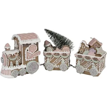 Vánoční dekorace s LED světlem hnědý vláček vezoucí perníčky a stromeček – 30x7x12 cm