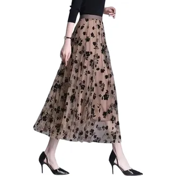 Dámská sukně Dlouhá áčková sukně s květinovým vzorem Lehká gázová sukně s vysokým pasem Letní splývavá maxi sukně pro ženy Elegantní volný střih hnědá L