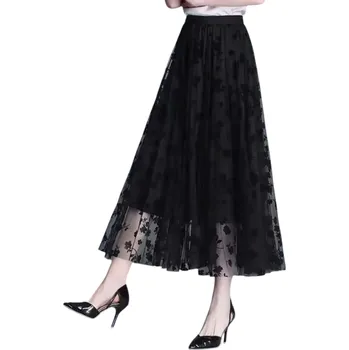 Dámská sukně Dlouhá áčková sukně s květinovým vzorem Lehká gázová sukně s vysokým pasem Letní splývavá maxi sukně pro ženy Elegantní volný střih černá S
