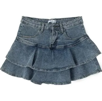 Dámská sukně Krátká džínová sukně z modré denimu s vysokým pasem Vrstvená áčková mini sukně Ležérní dámská sukně do pasu Stylový letní outfit XS