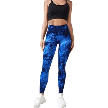 Dámské legíny Dámské batikované bezešvé sportovní legíny s vysokým pasem Push-up efekt Rychleschnoucí elastické legíny Lehká prodyšná tkanina modrá L