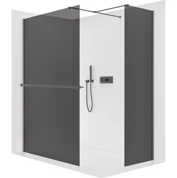 CERANO - Sprchová zástěna Walk-in Onyx T L/P - 8 mm - hranatá vzpěra + polička/držák na ručníky - černá matná, grafitové sklo - 100x30x200 cm
