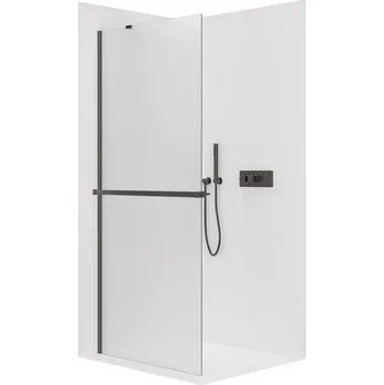 CERANO - Sprchová zástěna Walk-in Onyx Y L/P - 8 mm - kulatá vzpěra + polička/držák na ručníky - černá matná, mléčné sklo - 30x200 cm