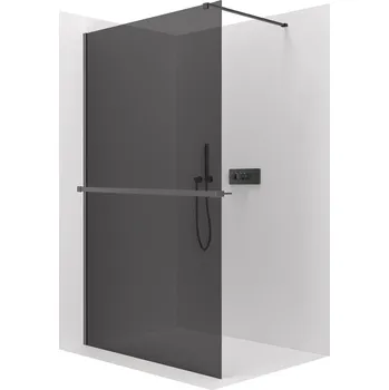 CERANO - Sprchová zástěna Walk-in Onyx Cube L/P - 8 mm - hranatá vzpěra + polička/držák na ručníky - černá matná, grafitové sklo - 30x200 cm