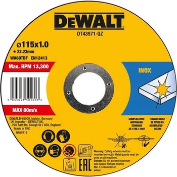 Řezný kotouč DeWALT DT43971-QZ - Kotouč řezný pr. 115 x 1,0 x 22,2 mm na kov, nerez (Inox) THIN FAST CUT (balení 10ks)