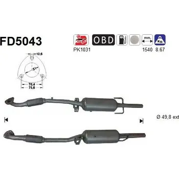 Filtr pevných částic Filtr sazových částic, výfukový systém AS FD5043