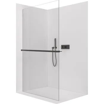 CERANO - Sprchová zástěna Walk-in Crystal L/P - 10 mm + polička/držák na ručníky - bezvzpěrový systém - černá matná, transparentní sklo - 140x200 cm