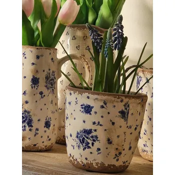 Obal na květináč Béžový keramický obal na květináč s modrými růžemi Blue Rose S - Ø 13*12 cm