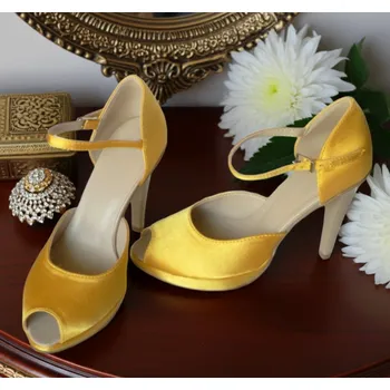 Dámské lodičky Saténové svatební boty na platformě - tmavě žluté Velikost obuvi: 36