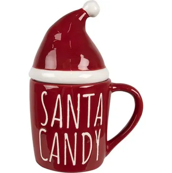 Červený keramický hrnek s čepkou Santa Candy - 12*9*17 cm / 300 ml