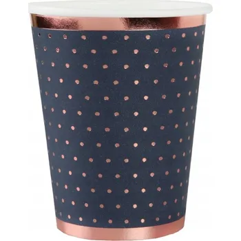 Party nádobí KELÍMKY PAPÍROVÉ RŮŽOVO-ZLATÉ TEČKY TMAVĚ MODRÉ 270 ML 10 KS NAROZENINY