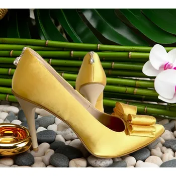 Dámské lodičky Žluté lodičky s mašlí - saténové Velikost obuvi: 42