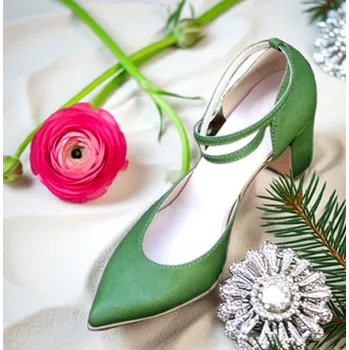 Dámské lodičky Dámské kožené boty se širokým podpatkem - zelené Velikost obuvi: 40