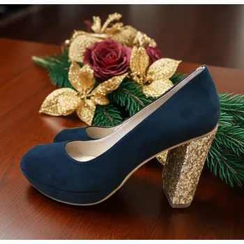 Dámské lodičky Semišové lodičky se třpytkovým podpatkem - barva tmavě zelená Velikost obuvi: 34