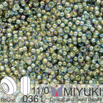 Korálek Korálky Miyuki Round 11/0. Barva 0361 Chartreuse Lined Olivine AB. Balení 5g.