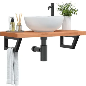 Koupelnový nábytek Deska pod umyvadlo nástěnná ocel a masivní bukové dřevo Hnědá3302375