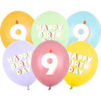 Balónek Balónky "Číslice 9 - Všechno nejlepší k narozeninám", pastelový mix, PartyDeco, 12", 6 ks