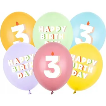 Balónek Balónky "Číslice 3 - Všechno nejlepší k narozeninám", pastelová směs, PartyDeco, 12", 6 ks